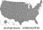 USA map vector outline illustration with abbreviated states names and capital location and name, Washington DC, in gray background. Creative map of United States of America