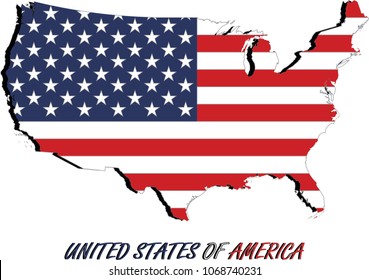 USA map vector outline illustration covered with the US flag in a creative three dimensional abstract background. The term of United States of America is colored with the flag colors, blue and red.