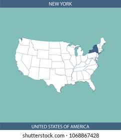 USA map vector outline illustration with highlighted state of New York in blue background. A creative map of United States of America for educational purposes