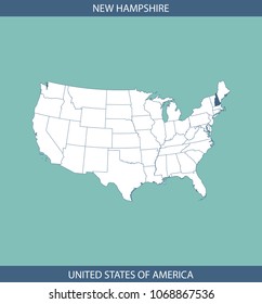 USA map vector outline illustration with highlighted state of New Hampshire in blue background. A creative map of United States of America for educational purposes