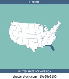 USA map vector outline illustration with highlighted state of Florida in blue background. A creative map of United States of America for educational purposes