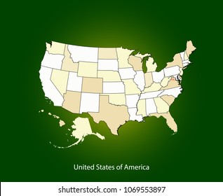 USA map vector outline illustration cartography with US capital location and name, Washington DC. Creative map of United States of America in brown color gradient on illuminated green background