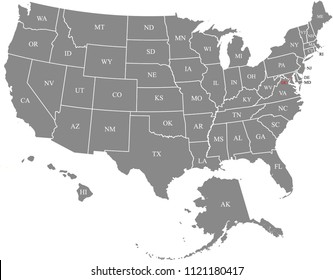 USA map vector outline illustration with abbreviated states names and capital location and name, Washington DC, in gray background. Creative map of United States of America
