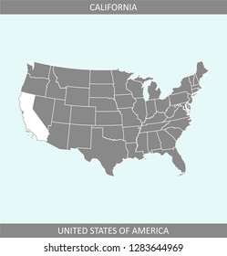 USA map vector outline illustration with highlighted state of California in a creative graphic design