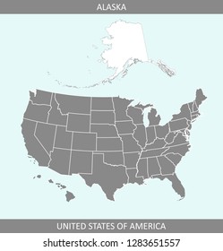 USA map vector outline illustration with highlighted state of Alaska in a creative graphic design