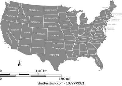 USA map vector outline with scales of miles and kilometers and states labeled in gray background. Map of United States of America with mileage and kilometer scales 