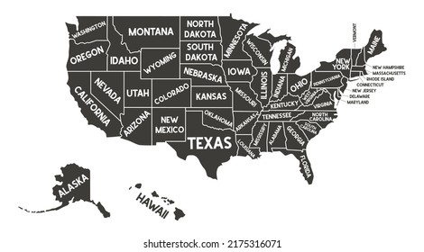 USA map. Vector silhouette state of America. United States of America with script text state names. American map for poster, banner, t-shirt, tee. Design USA typography states names. Poster map of USA