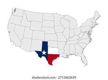 USA Map Vector with Texas State Highlighted in Flag Colors. United States Political Map Illustration