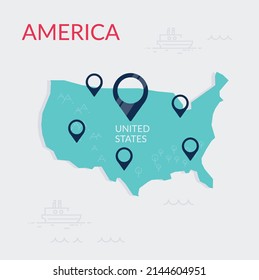 USA-Karte, US-MAP-VEKTOR, VEREINIGTE STAATEN VON AMERIKA-KARTE MIT NAVIGATIONSPIN-SYMBOL 