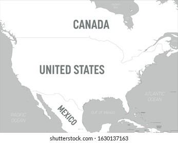 USA map - white lands and grey water. High detailed political map United States of America and neighboring countries with country, capital, ocean and sea names labeling.
