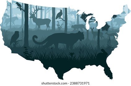 USA map - woodland forest with cougar puma, grey wolf,  eagle, lynx, eagle owl, rabbit, elk, roe deer, owl, moose, bison, jay and black bear