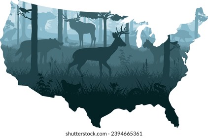 USA map - woodland forest with deer, grey wolf, eagle, skunk, lynx, quail, hog, snake, moose, jay and black bear