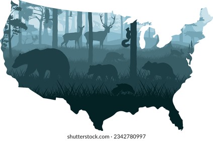 USA map - woodland forest with grey wolf,  kite, bobcat, fox, eagle, hawk, squirrel, rsabbit, wild boar, owl, moose, capercaillie, deers and black bear family