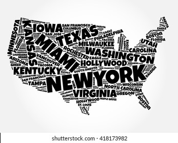 USA Map word cloud collage with most important cities