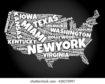 USA Map word cloud collage with most important cities