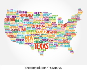 USA Map word cloud collage with most important cities