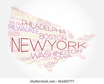 USA Map word cloud collage with most important cities