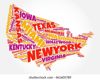 USA Map word cloud collage with most important cities