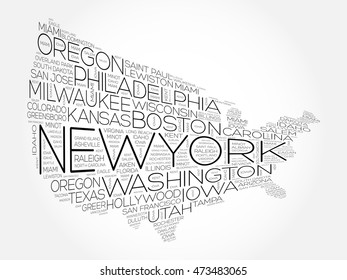 USA Map word cloud collage with most important cities