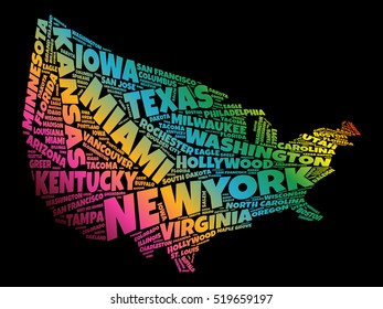 USA Map word cloud collage with most important cities