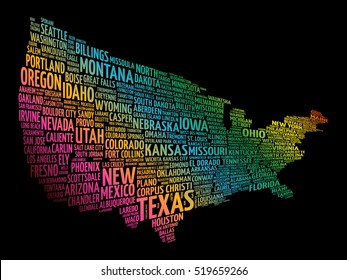 USA Map word cloud collage with most important cities