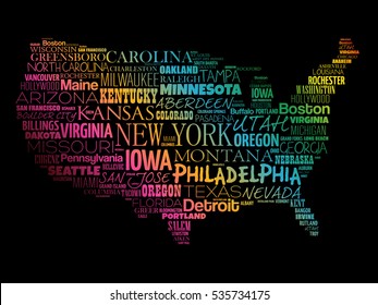 USA Map word cloud collage with most important cities