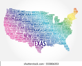 USA Map word cloud collage with most important cities