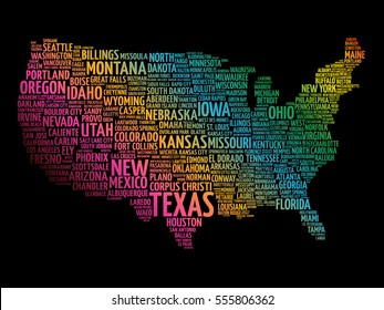 USA Map word cloud collage with most important cities