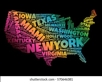 USA Map word cloud collage with most important cities