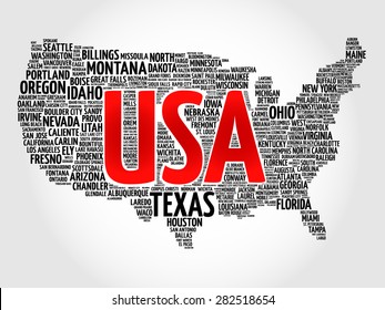 USA Map word cloud made with words cities names, vector collage