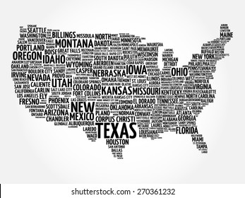 USA Map word cloud with most important cities