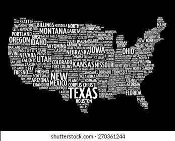 USA Map word cloud with most important cities
