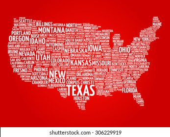 USA Map word cloud with most important cities