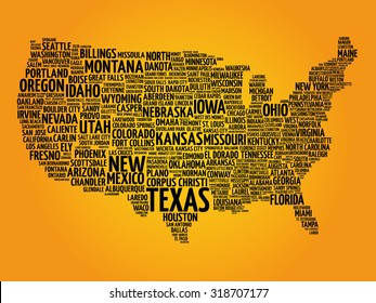 USA Map word cloud with most important cities