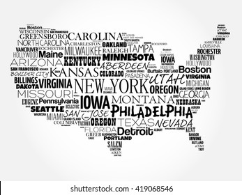 USA Map word cloud with most important cities