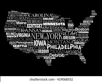 USA Map word cloud with most important cities