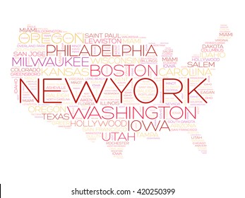 USA Map word cloud with most important cities