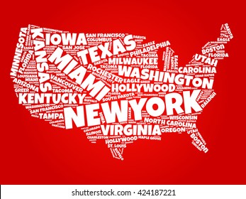 USA Map word cloud with most important cities