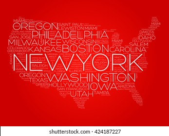 USA Map word cloud with most important cities