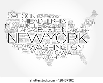 USA Map word cloud with most important cities