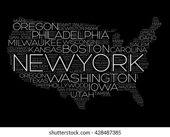 USA Map word cloud with most important cities