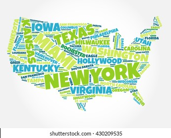 USA Map word cloud with most important cities