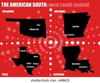 USA maps - The American South - West South Central states. Contains capital and bigger cities. All elements are separable and editable. (Vectors 18)