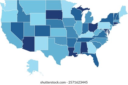 USA Maps with Blue Monochrome Color for District Borders