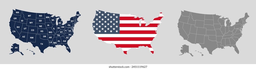 USA Maps collection. Vector United States map mockup collection. State name and each state isolated.
