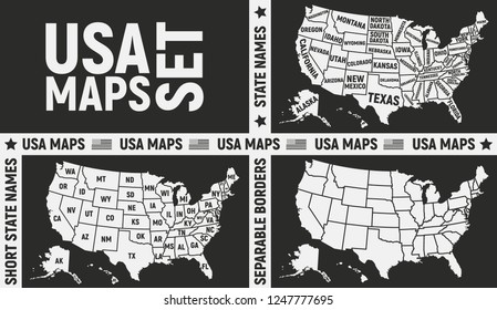 USA maps. Set of 3 United States of America maps. Poster maps of USA. American background. Vector illustration