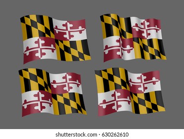 US Maryland-Vektorfahnen. Eine Reihe von 5 gewellten 3D-Flaggen, die mit Farbverlauf-Maschen erstellt wurden. Design-Element.  Einzeln auf grauem Hintergrund.