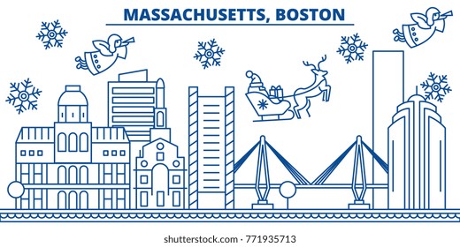 USA, Massachusetts , Boston winter city skyline. Merry Christmas and Happy New Year decorated banner. Winter greeting card with snow and Santa Claus. Flat, line vector. Linear christmas illustration