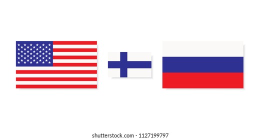 Usa to meet Russia in Helsinki.
East and west meeting in Finland. illustration of three flags with white background.