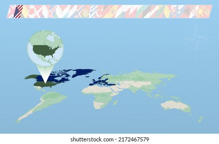 USA member of North Atlantic Alliance selected on perspective World Map. Flags of 30 members of alliance. Vector illustration.